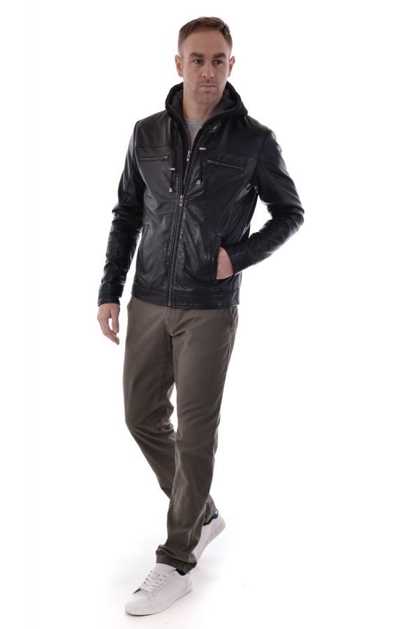 Blouson en cuir à capuche