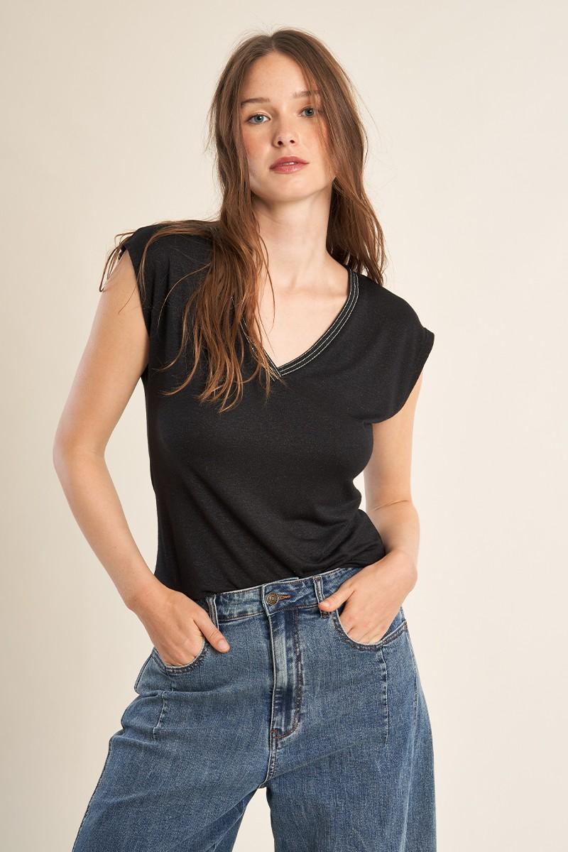 T shirt col v orné de strass