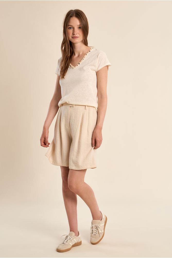 T shirt col v avec broderie et perles